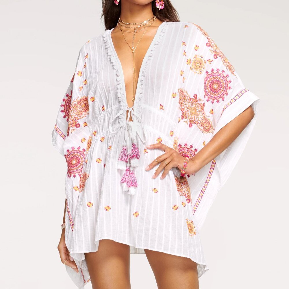 NWT Ramy Brook Embroidered Ulani Coverup Mini Dress In Embellished White - XS